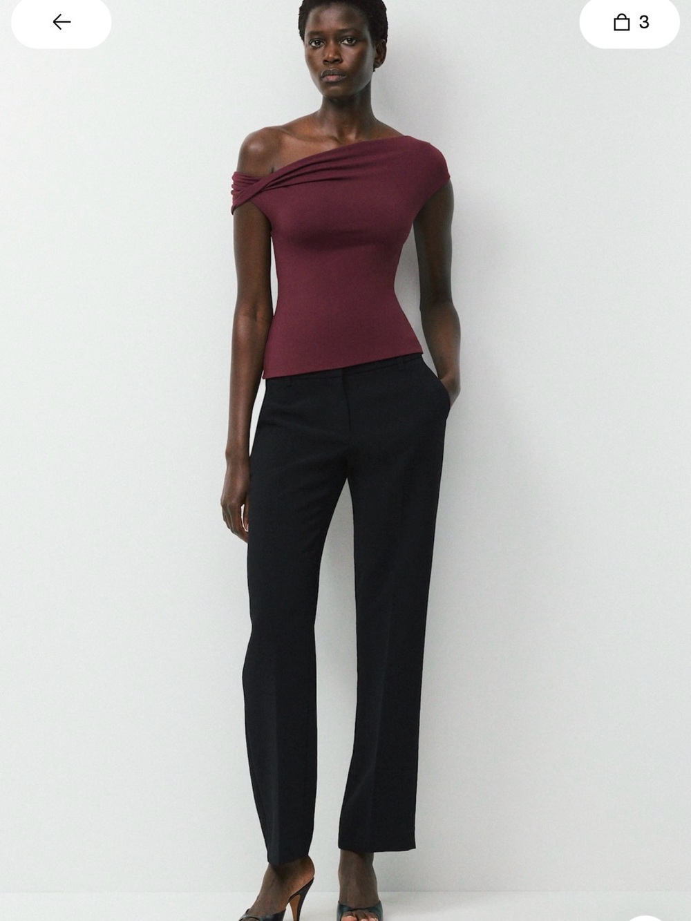 Aritzia Burgundy Off-Shoulder Knit Top with Black Tailored Trousers